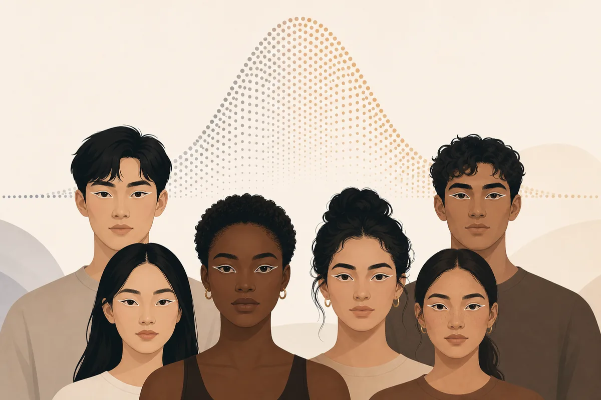 Illustrated faces showing almond-eye outlines beside a simple distribution curve