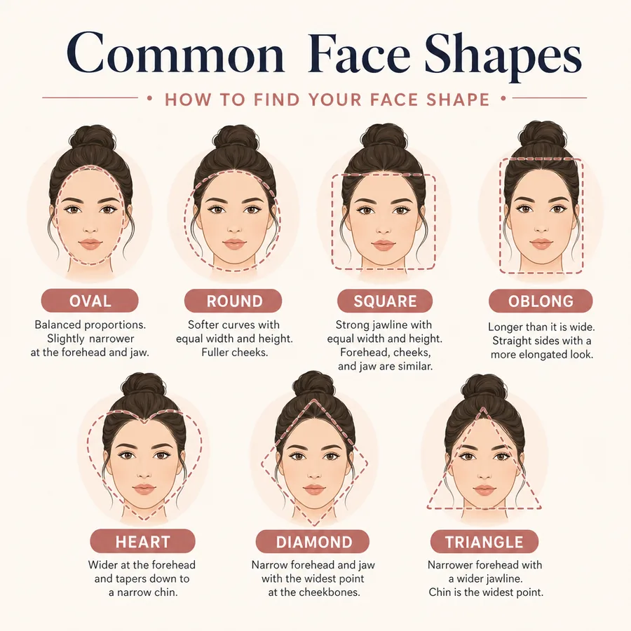 Chart comparing oval, round, square, heart, diamond, oblong, and triangle face shapes
