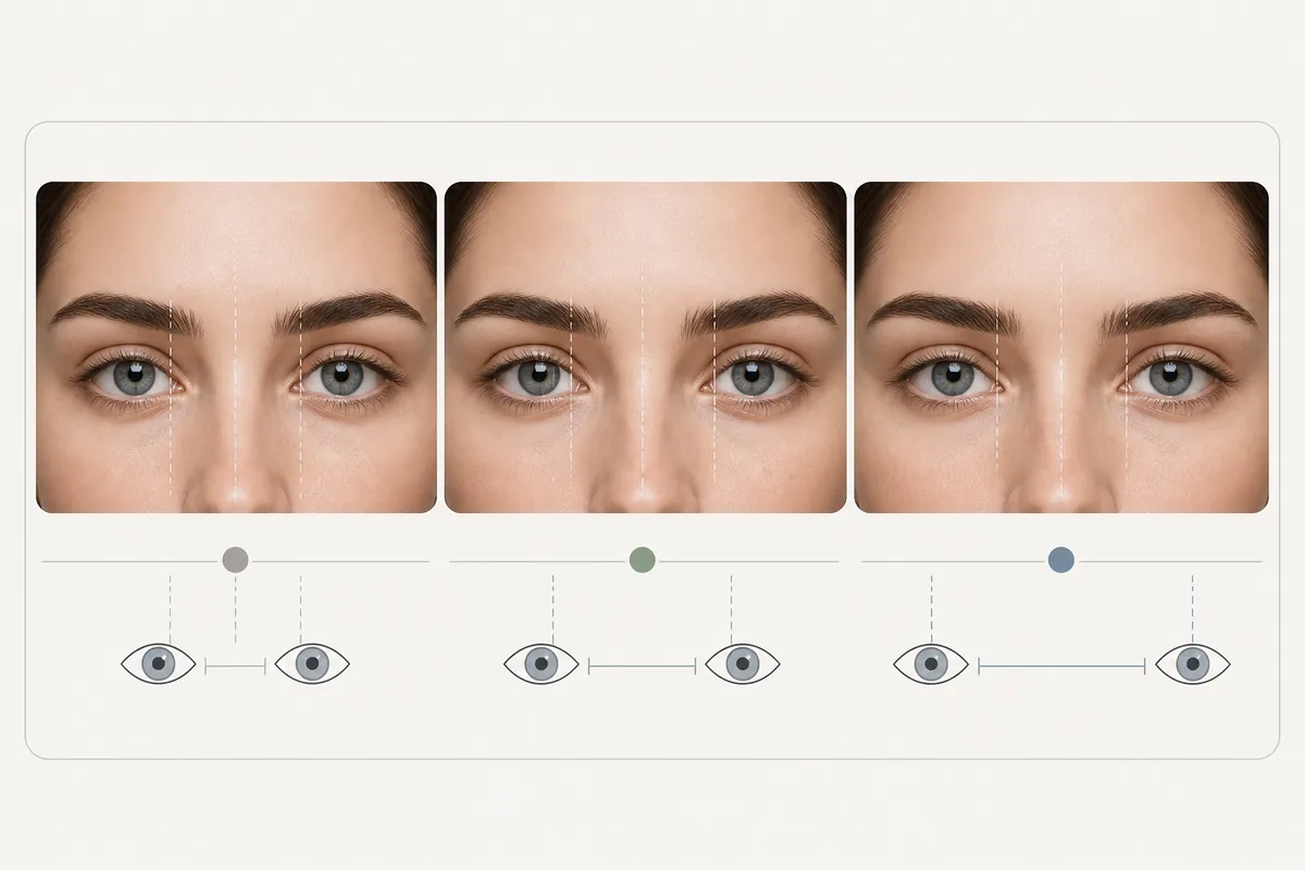Editorial comparison of smaller, balanced, and larger eye-spacing gaps
