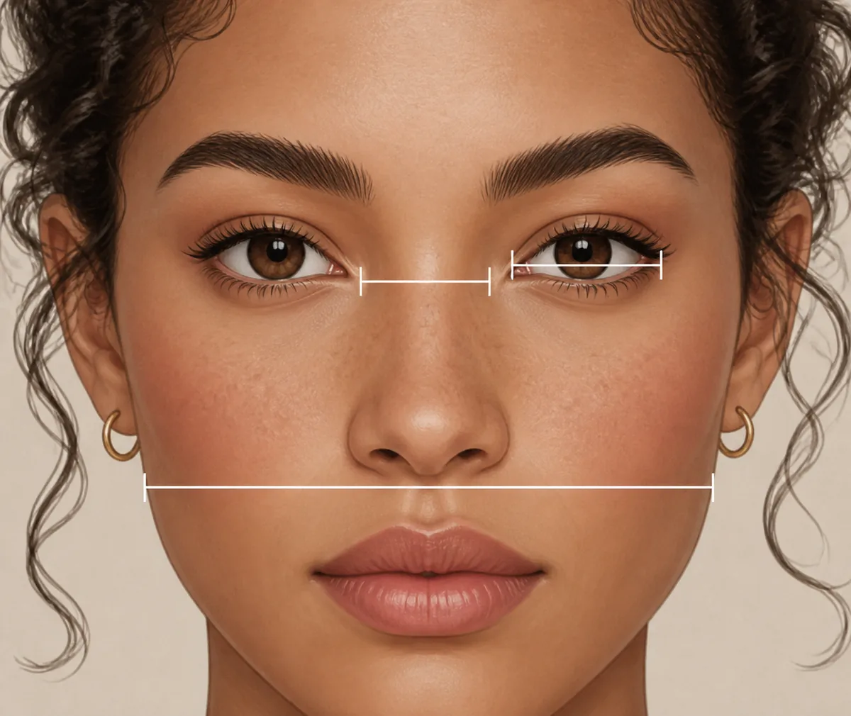 Editorial eye-spacing illustration showing the inner-corner gap, one-eye width, and facial width references