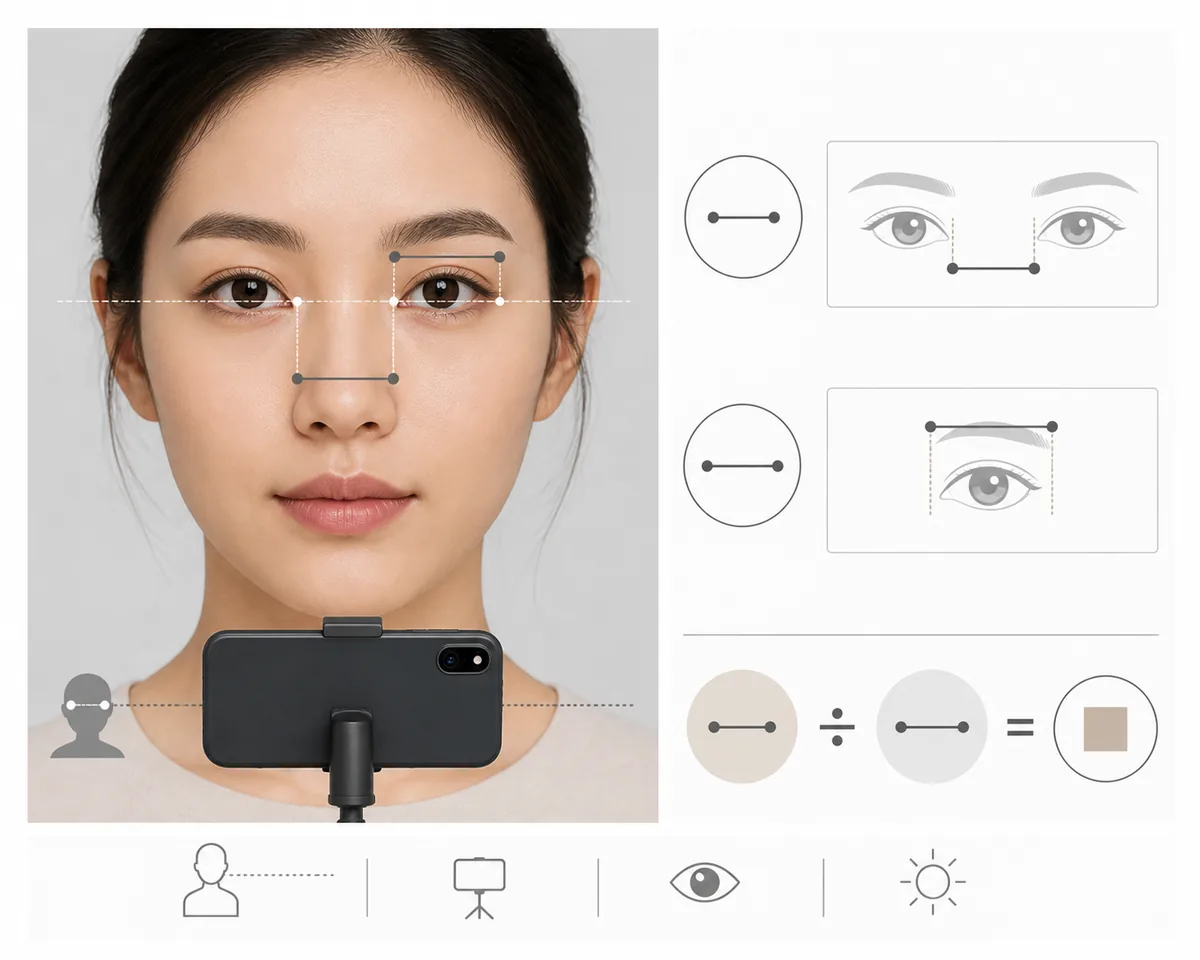 Editorial diagram showing a neutral photo setup and eye-spacing measurement lines