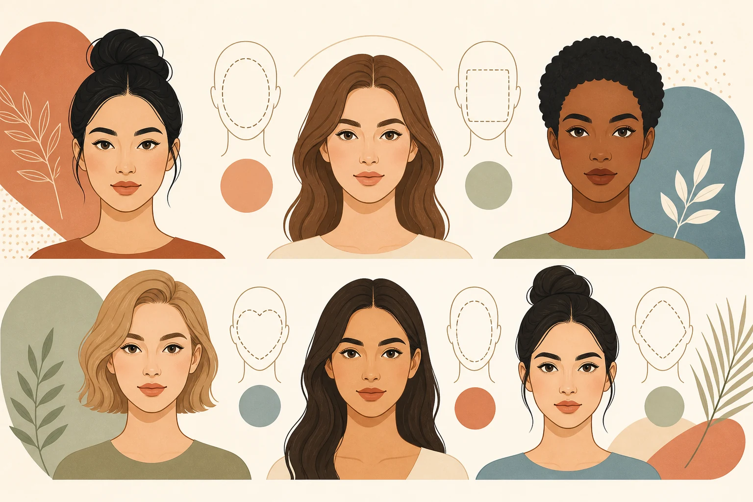 Editorial illustration showing diverse faces alongside simplified oval, square, heart, and diamond face outlines