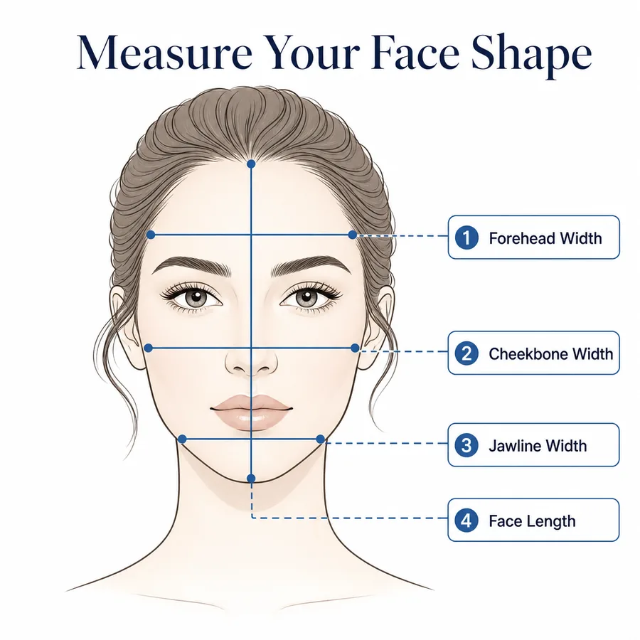 Face measurement guide showing forehead, cheekbone, jawline, and face length points