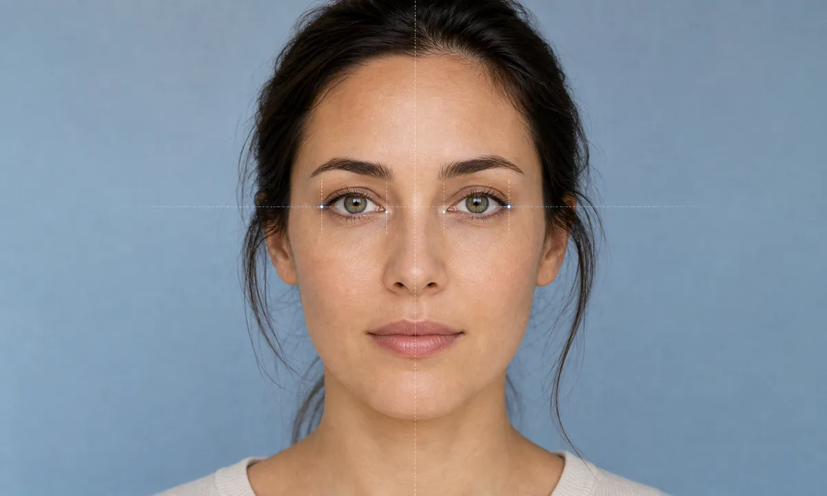 Front-facing neutral photo setup for comparing inner and outer eye corners