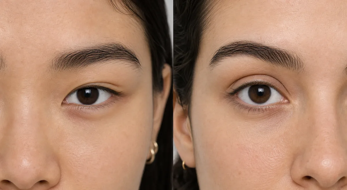 Editorial side-by-side comparison of narrower deep-set eyes and a rounder more open eye appearance