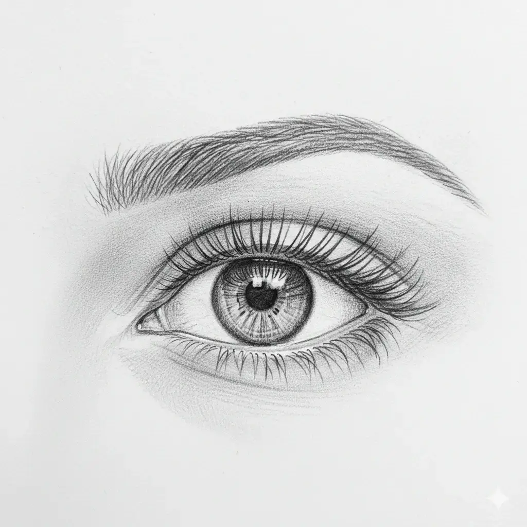 Reference example showing downturned eyes with the outer corner slightly lower than the inner corner