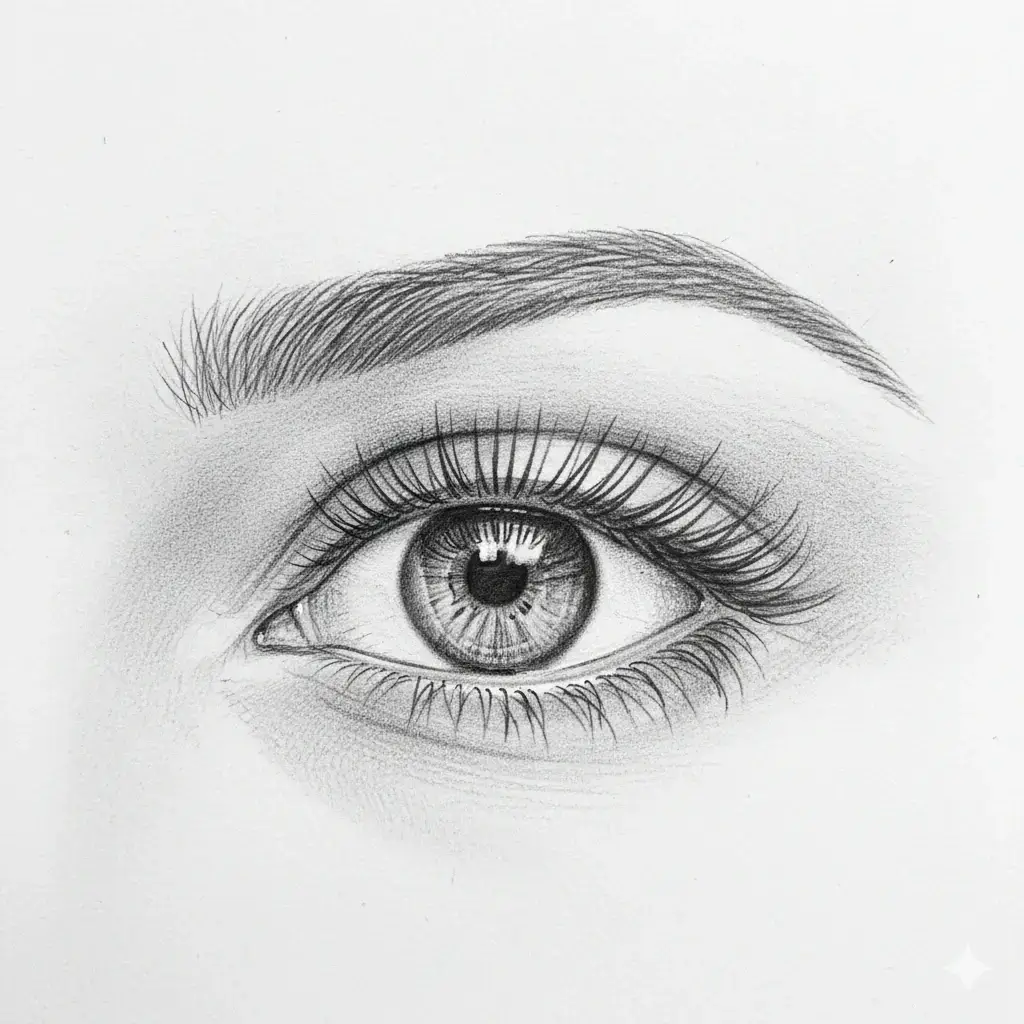 Reference example showing hooded eyes with the upper lid fold covering part of the crease