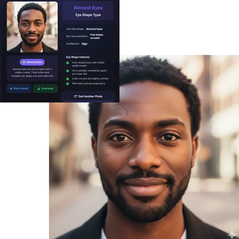 Almond eye shape detection - dark-skinned man with oval-shaped eyes and visible crease