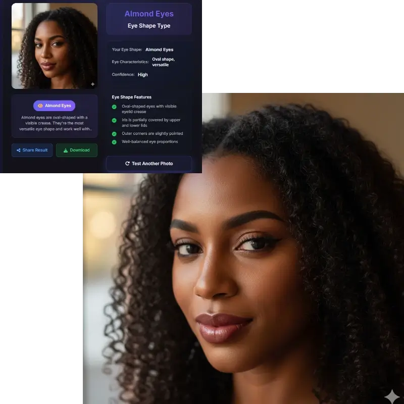 Almond eye shape detection - woman with curly hair showing oval eye shape and pointed outer corners